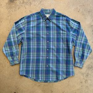 VTG Eddie Bauer Flannel Shirt Large Linen and Cotton 60/40 Soft Blue and Green